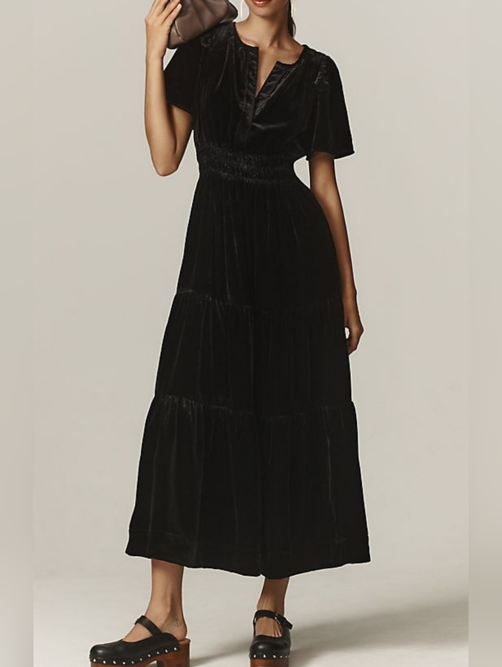 Anthropologie Velvet Somerset Black Maxi Dress Size L Smocked Tiered